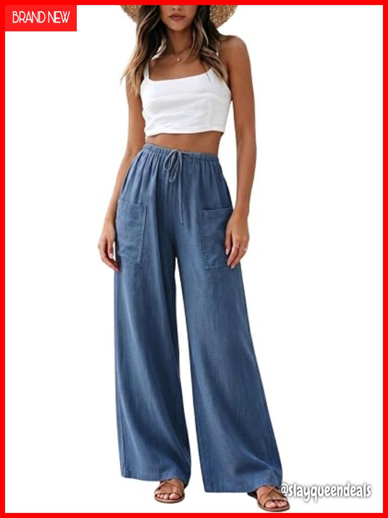 Women's Cotton Linen Wide Leg Palazzo Pants With Pockets